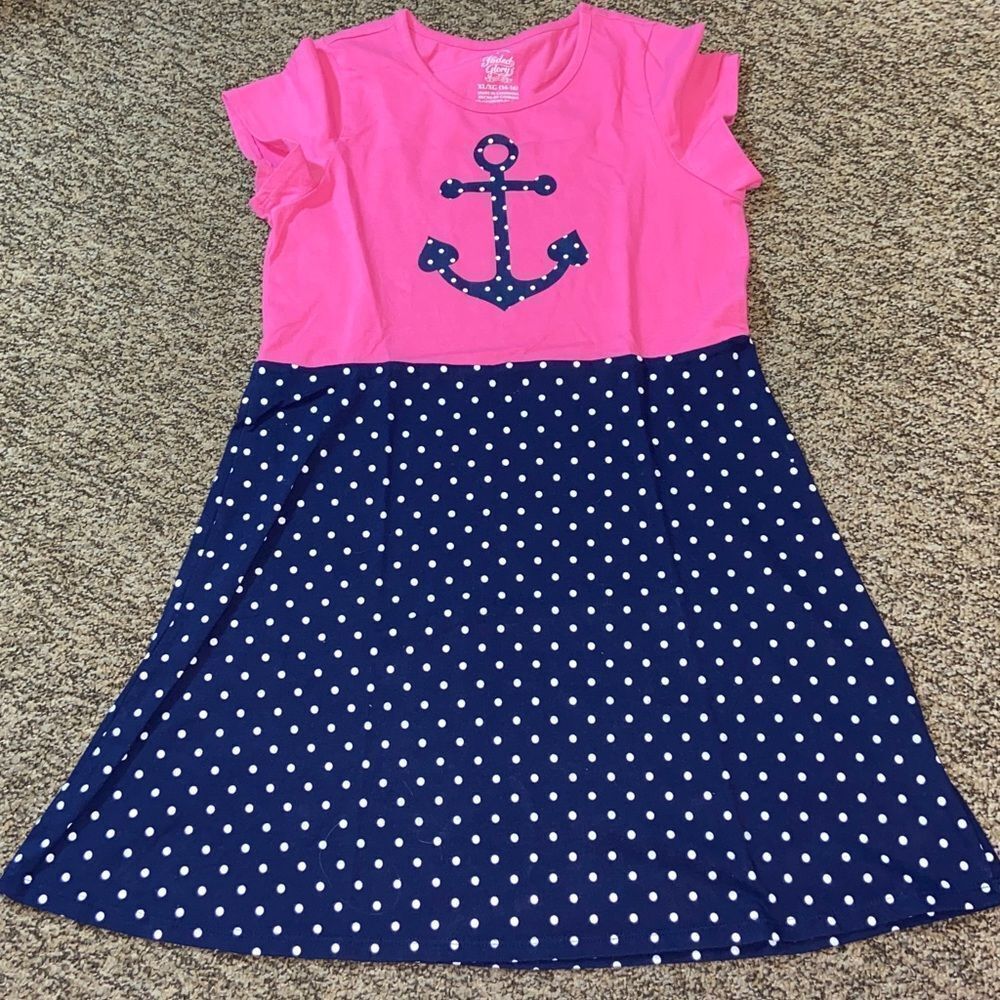 Faded Glory Pink and Navy Polka Dot Dress with Anchor Design Girl Sz XL (14-16)